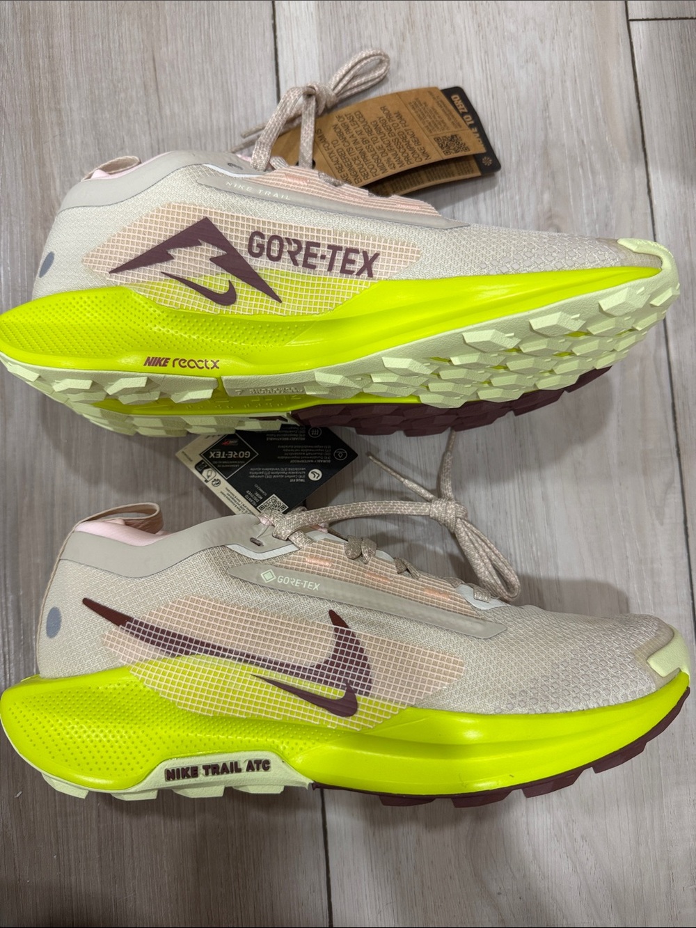 Nike Beige & Neon Yellow Trail Running Shoes with Burgundy Swoosh